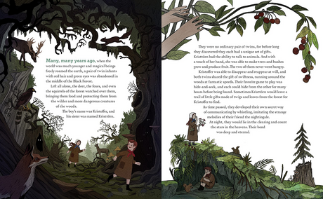 Legend of the Christmas Witch book illustration showing Kristtōrn and animals in a magical forest scene.