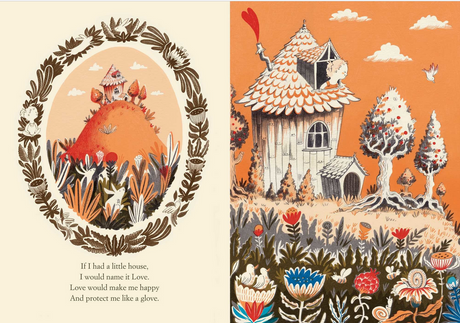Open book spread from "If I Had a Little Dream" showing colorful illustrations of a house on a hill and a garden with vibrant flowers.