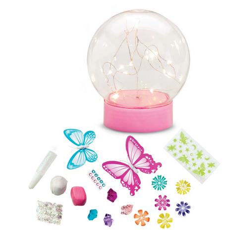 Butterfly Fairy Lights kit with LED globe, translucent butterflies, flowers, clay, crystals, glitter, and glow stickers.