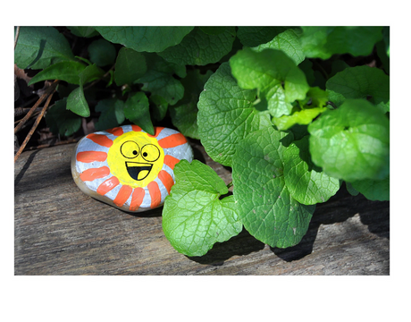 Hide & Seek Rock Painting Kit painted rock with a smiling sun hidden among green leaves on wooden surface outdoors.