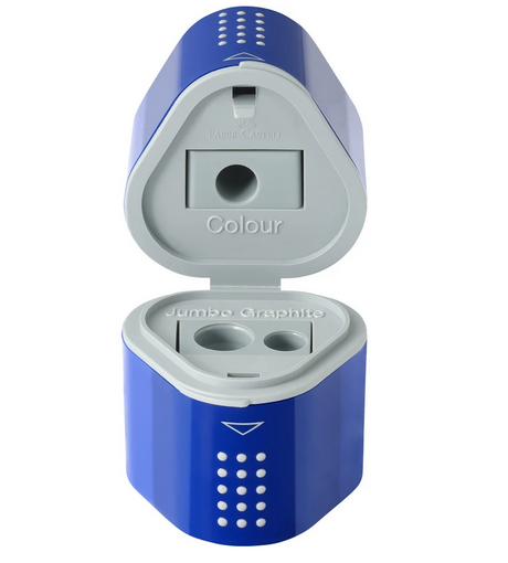 Pencil Sharpener Trio in blue with compartments for jumbo and regular graphite and colored pencils.
