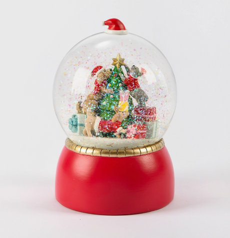 Cats & Dogs Snowglobe with hand-painted cats and dogs decorating a Christmas tree inside a glitter-filled glass globe.