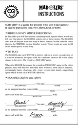 Mad Libs Slam Dunk instructions page showing how to fill blanks with verbs, nouns, adjectives, and adverbs for wordplay fun.