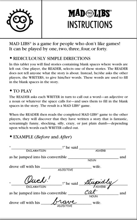 Mad Libs Slam Dunk instructions page showing how to fill blanks with verbs, nouns, adjectives, and adverbs for wordplay fun.