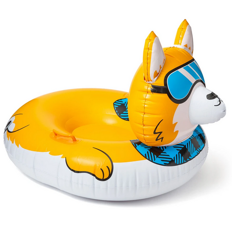 Snow Tube | Corgi inflatable with goggles and blue flannel scarf, durable PVC, perfect for winter slopes fun.