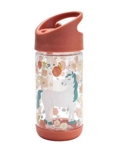 Flip & Sip | Unicorn clear Tritan water bottle with unicorn and flower design, kid-friendly lid, and carabiner attachment.