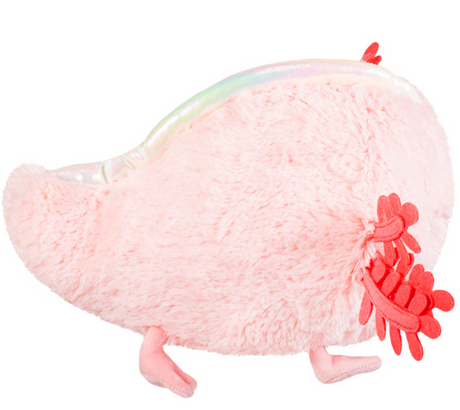 Soft pink plush Baby Axolotl Mini with shiny accents and red gills, a cuddly 7-inch amphibian toy.