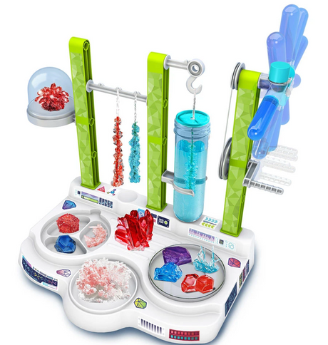 Ooze Labs Colorful Crystal Lab with colorful hanging and displayed crystals, centrifuge, and lab experiment stations setup.