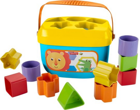 First Blocks Sorting Bucket with colorful chunky blocks for toddlers to sort shapes and learn colors, easy-carry handle included.
