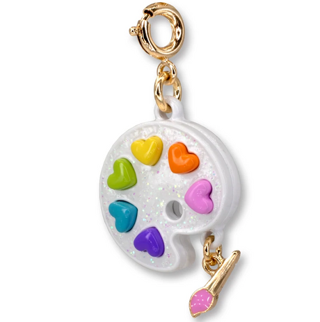 Gold Glitter Paint Charm with colorful heart-shaped paint and dangling brush, enamel and glitter detail in friendly mini palette design.