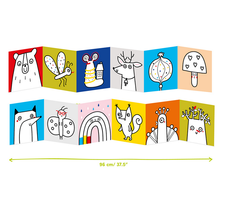 Loong Forest Coloring Book showing colorful accordion-style illustrations of animals and nature for kids to color.