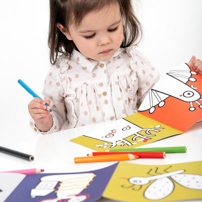Child coloring vibrant animal illustrations with crayons in the Loong Forest Coloring Book for creative fun.