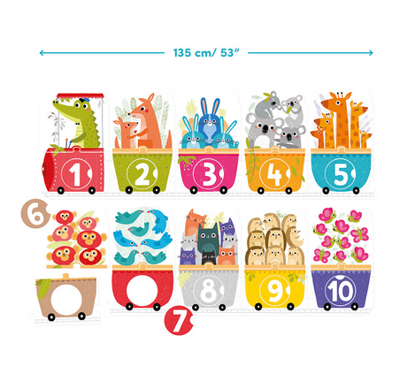 30pc Matching Number Train Floor Puzzle with colorful animal wagons numbered 1 to 10 for creative counting play.