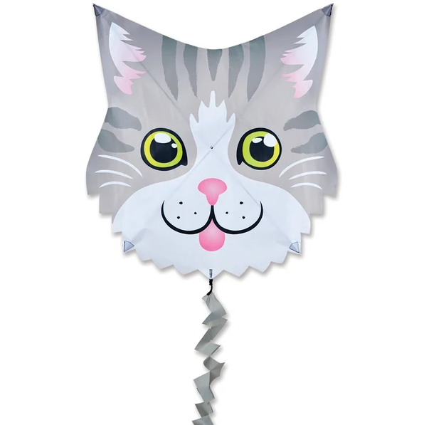 Fun Flyer Kite Gray Cat with big yellow eyes, pink nose, and 7 ft. fuzzy tail flying in the sky.