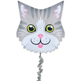 Fun Flyer Kite Gray Cat with big yellow eyes, pink nose, and 7 ft. fuzzy tail flying in the sky.