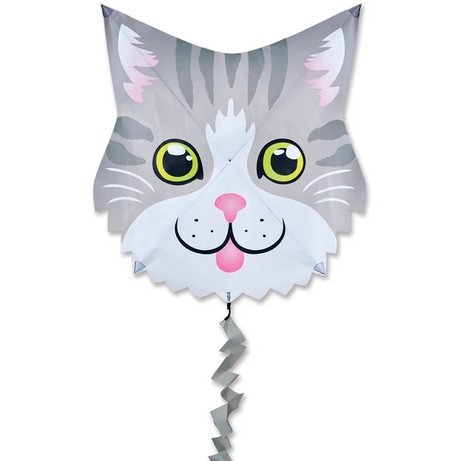 Fun Flyer Kite Gray Cat with big yellow eyes, pink nose, and 7 ft. fuzzy tail flying in the sky.