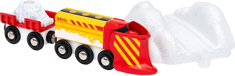 Snowplow Train toy with a red and yellow plow clearing snow on a snowy BRIO World railway track set.