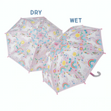 Color-Change Umbrella | Rainbow Unicorn showing dry and wet states with colorful unicorns and rainbows on white background.