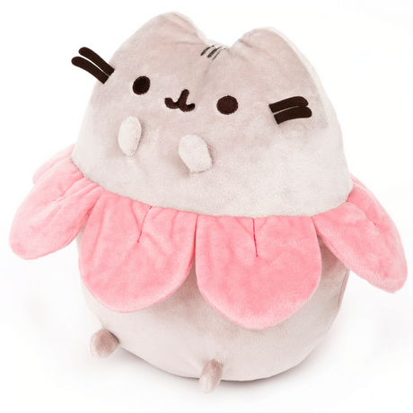 Pusheen Flower Petals plush shows a sitting gray cat with pink flower petals around its belly, soft and embroidered.