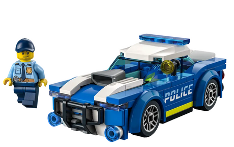 City Police Car LEGO playset with blue police patrol car, sporty rims, wide fenders, tires, and police officer minifigure.