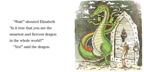 Paper Bag Princess illustration of Elizabeth confronting the fierce green dragon outside a wooden castle door.