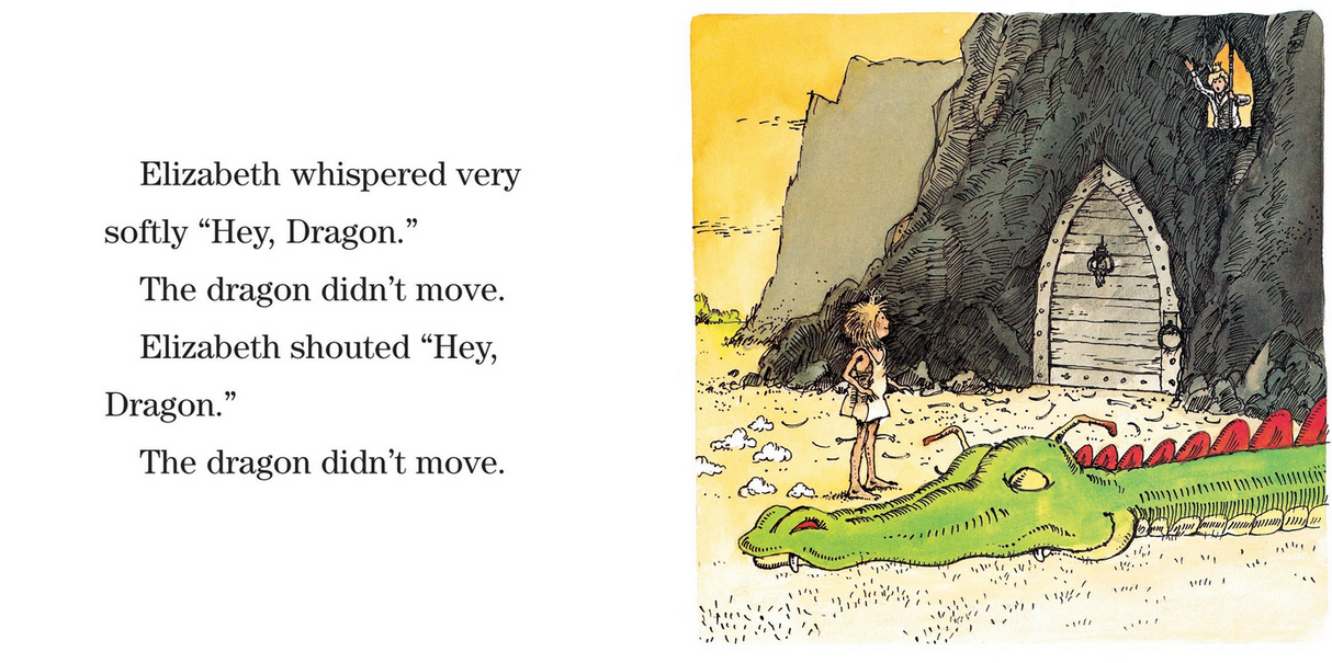 Paper Bag Princess book illustration showing Princess Elizabeth confronting a sleeping dragon outside a cave.