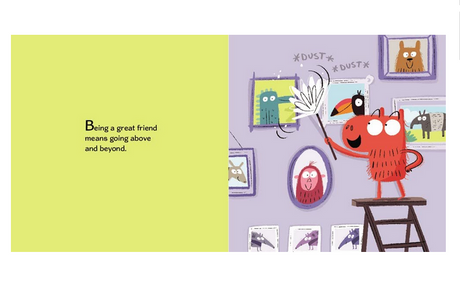 Capybara is Friends with Everybody book page shows a red character dusting framed animal pictures, teaching friendship.