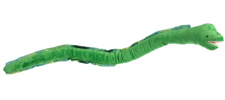 Green plush toy shaped like a long slimy eel with a friendly face, called Eel, measuring 54 inches long.