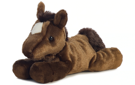 Chestnut Horse plush toy lying down with a white forehead patch, soft and perfect for snuggling or display.