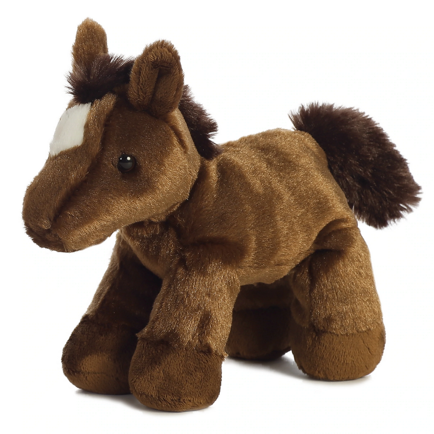 Chestnut Horse plush toy with soft brown fur, white forehead patch, and floppy pose for cuddling and decor.