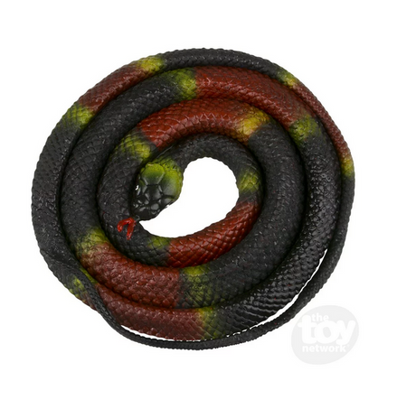 Eastern Coral Rubber Snake coiled with lifelike red, black, and yellow bands and a hissing tongue for kids ages 3 and up.