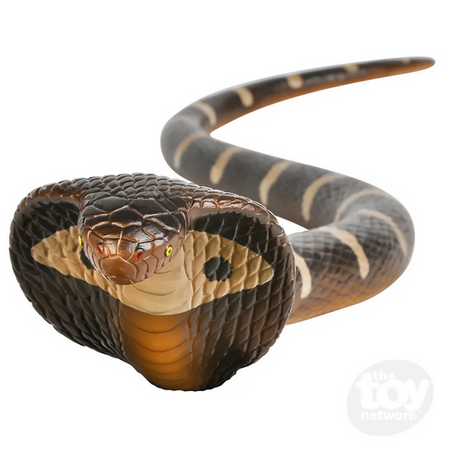 Cobra Rubber Snake toy measures 26 inches, made of durable rubber with realistic details, perfect for snake lovers ages 3 and up.