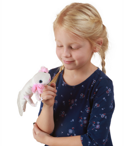 Girl playing with a soft pink gilled Axolotl Puppet with movable head and tail on her hand.