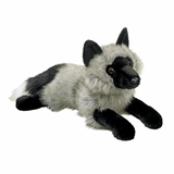 Silver Fox Sterling plush with silvery gray fur, black legs, and alert ears, lying down in a floppy pose.