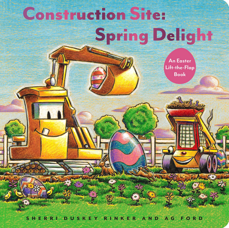 Construction Site Spring Delight with smiling construction trucks and colorful Easter eggs in a bright spring garden setting.