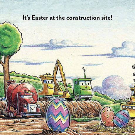 Construction Site Spring Delight showing smiling construction trucks with Easter eggs in a colorful spring scene.