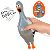 Hand squeezing the 10-inch long Squawking Pigeon toy producing a loud squawk sound for humor and fun.