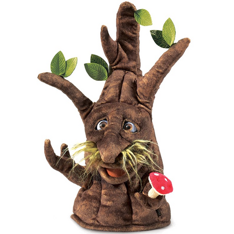 Enchanted Tree Puppet with moveable eyes, limbs, mouth, and leafy branches holding a red mushroom for storytelling fun.
