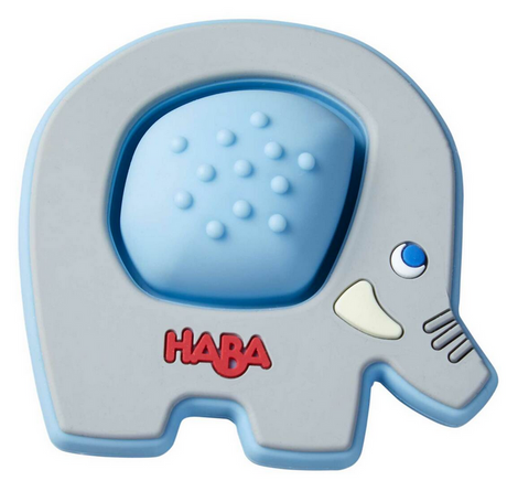 Elephant Popper Teether made of safe silicone with textured center for teething and sensory pop sound stimulation.