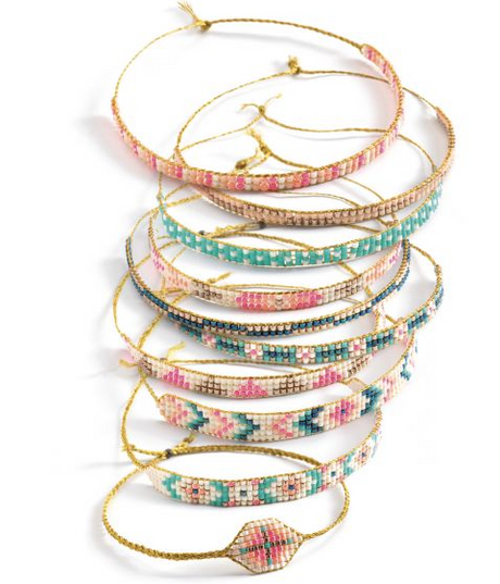 Tiny Beads Bracelets featuring colorful, intricately woven bead patterns with adjustable golden cords for a perfect fit.