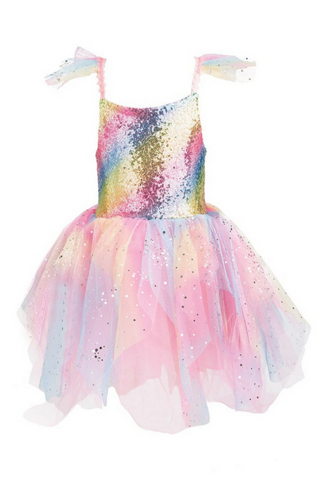 Rainbow Fairy Dress & Wings | Size 5-6 with rainbow sequinned top, layered pink organza skirt, and glittery capped sleeves.
