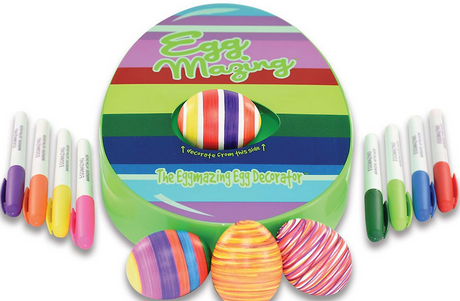 Eggmazing Egg Decorator with colorful markers and decorated Easter eggs for creative egg decorating fun.