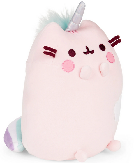 Pusheen Squisheen Pusheenicorn plush with iridescent horn, pink cheeks, pastel tail, and soft squishy fabric, 9.5 inches tall.
