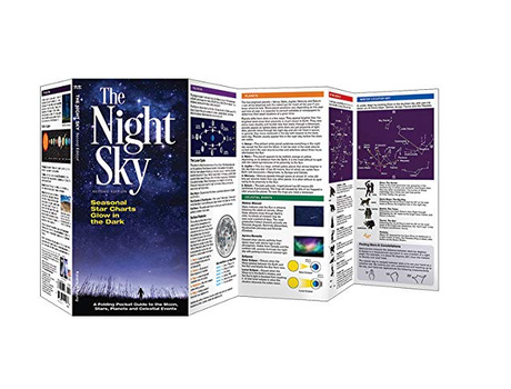 Pocket Night Sky Guide showing foldable panels with star charts, moon phases, and planetary information.