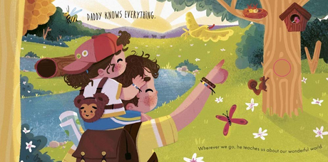 Colorful illustration from I Love Daddy Every Day showing father and child exploring nature together.