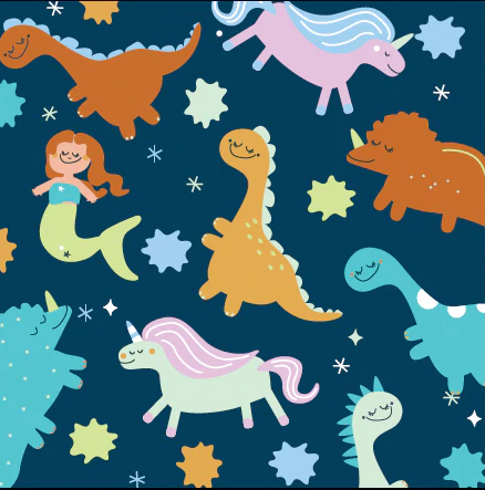 Baby Paper | Mythical Creatures featuring colorful dinosaurs, unicorns, and a mermaid on a dark blue background.