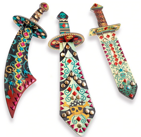 DIY Mosaic Swords featuring three colorful pirate-themed mosaic swords for creative kids aged 5 and up.