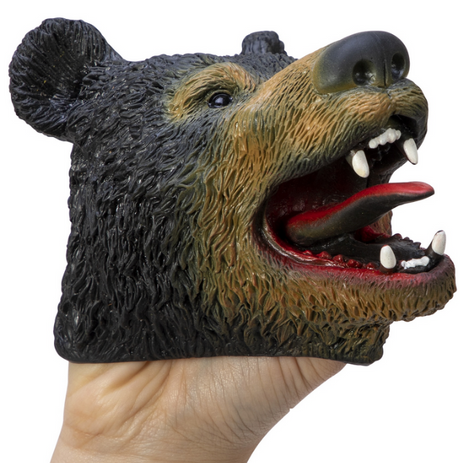 Bear Rubber Puppet showing detailed fur and open mouth held on a hand, perfect for playful storytelling.
