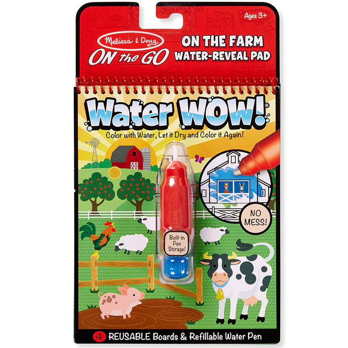Water Wow Farm water-reveal pad with four reusable farm scenes and refillable water pen for mess-free coloring.