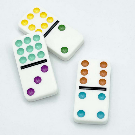 Dominoes Double 9 colorful domino tiles with brightly colored dots for family games and chickenfoot play.